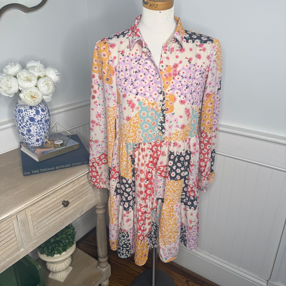 River Island Floral Patchwork Mini Dress Long Sleeve Tiered Smock US 4